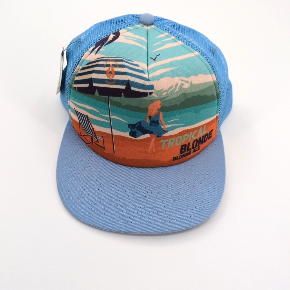 Cranky Sam Brewing Tropical Blonde Ale Hat Blue Mesh Trucker Cap Beach Graphic